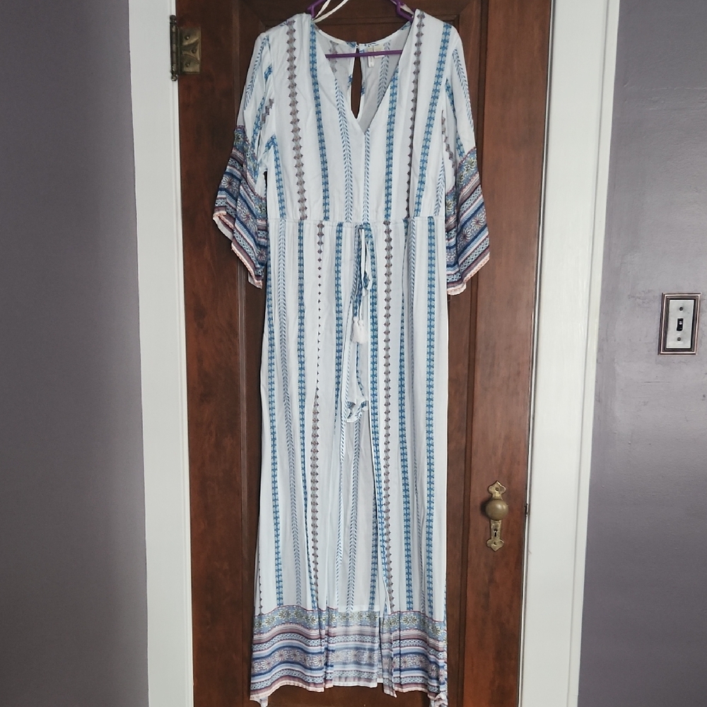 Japna Blue and White Striped Romper With Attached Skirt